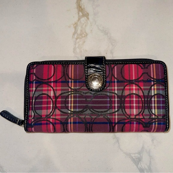 Coach Shimmer C Pink Black Daisy Poppy Madras Signature Tartan Plaid Wallet - Picture 5 of 7